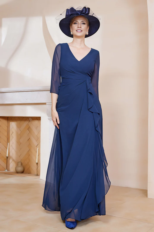 DingJiDress November December Autumn Winter Wedding Guest Dress V-Neck Ruffles Chiffon Long Dress Mother of the Groom / Bride Dresses
