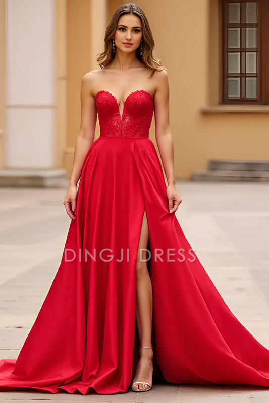 DingJiDress High Quality Dress Elegant A Line Strapless Sweetheart Backless With Slit Long Prom Dress