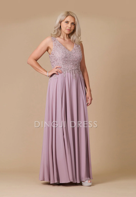 DingJiDress Evening Dress Fashion A Line V Neck Lace Applique Plus Size Exquisite Long Mother Of The Bride Dress
