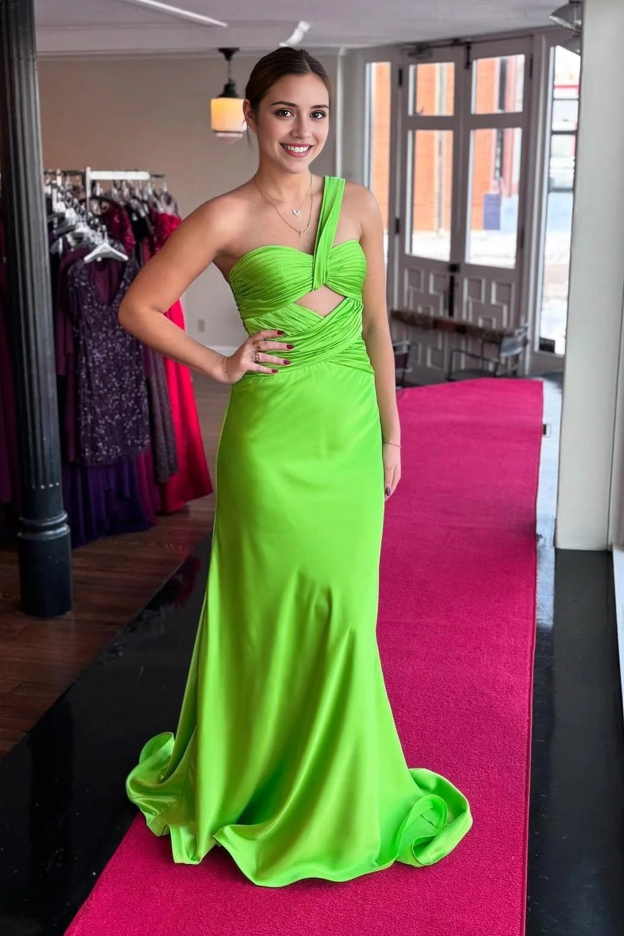 DingJiDress Formal Dress Mermaid One Shoulder Sleeveless Crossing Pleated Empire Satin Sexy Prom Dress