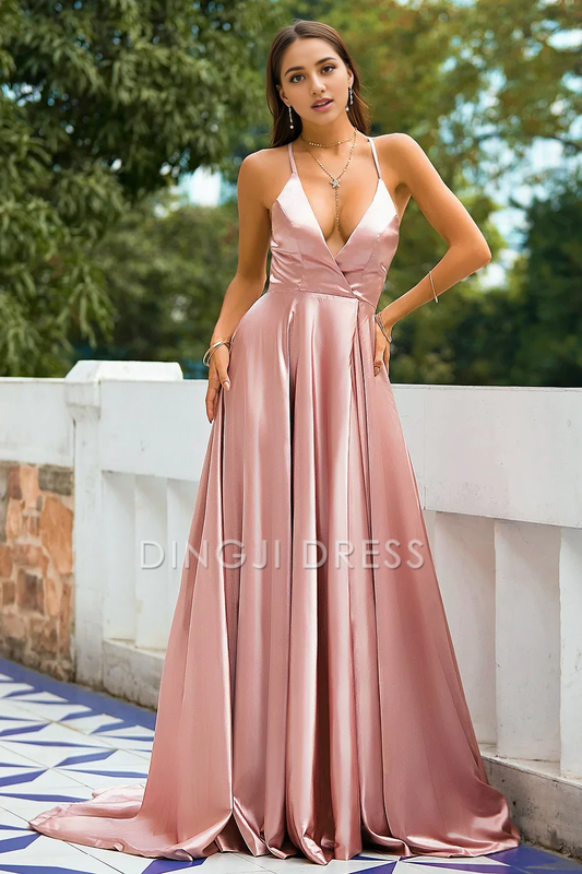DingJiDress High Quality Dress Charming Deep V Neck Spaghetti Straps Backless Lace up Fashion Prom Dress