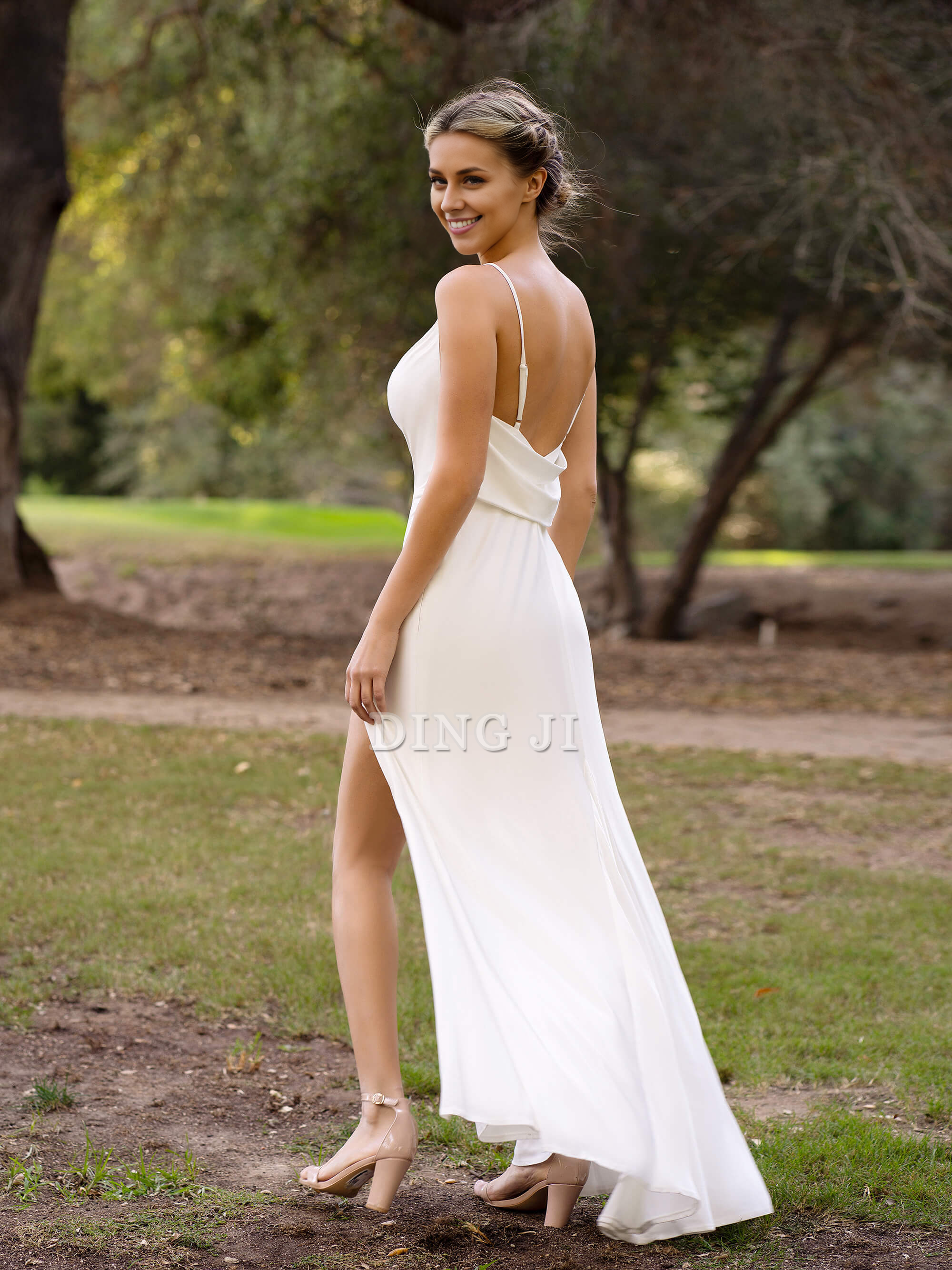 DingJiDress Simple Evening Dress Spaghetti Straps Slip Bridesmaid Dress Open Back Side Fork Elegant Formal Wear Dresses Wedding Guest Dresses