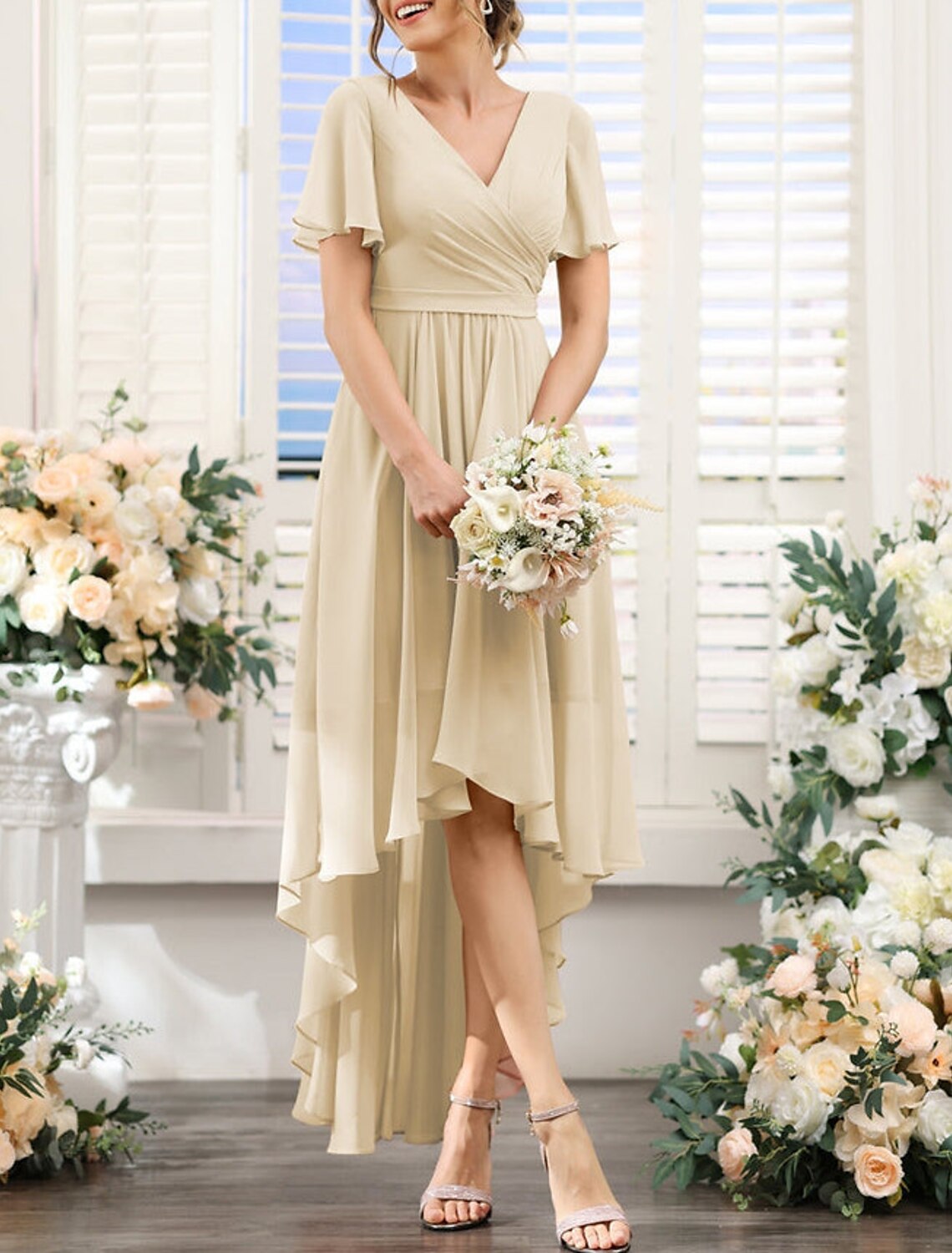 A-Line Bridesmaid Dress V Neck Short Sleeve Pink Asymmetrical Chiffon with Ruching