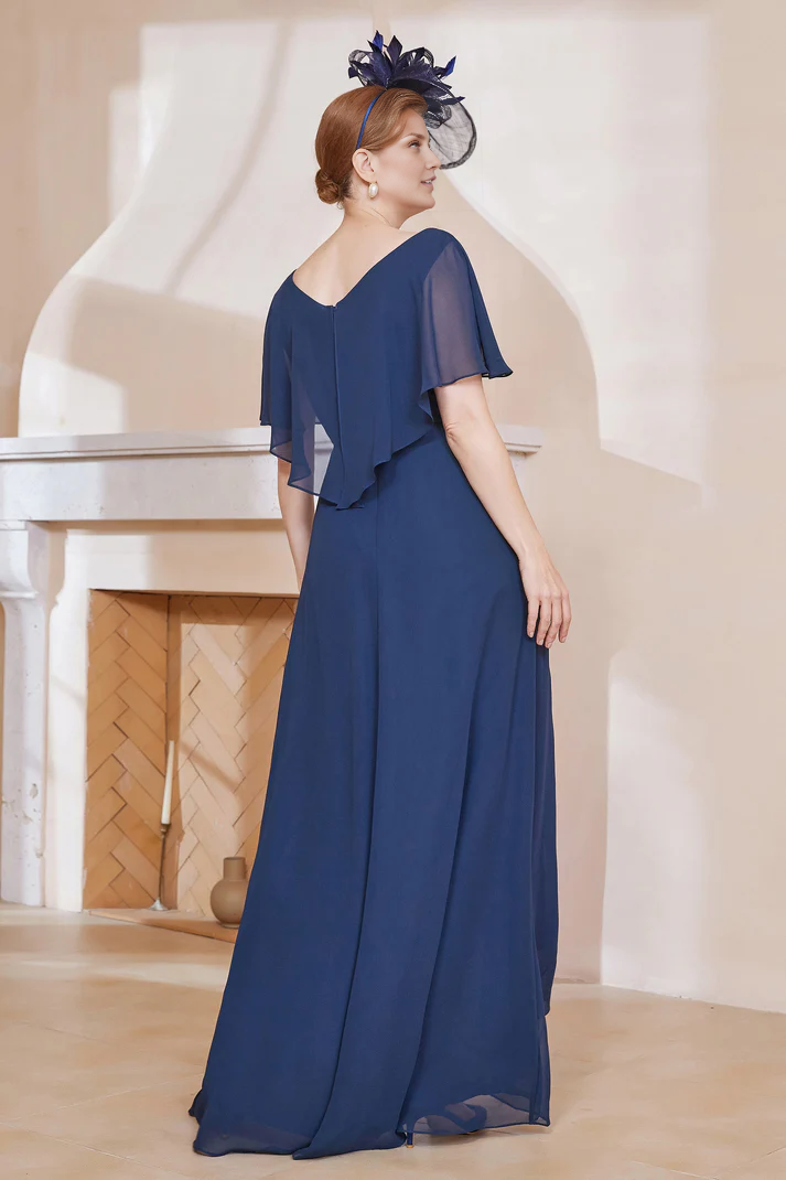DingJiDress November December Autumn Winter Wedding Guest Dress V-neck Flutter Sleeves Chiffon Long Dress Mother of the Groom / Bride Dresses