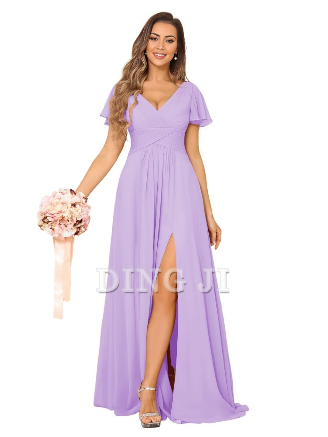 DingJiDress Bridesmaid Dresses Exquisite V Neck Pleated Side Slit Romantic Formal Wear Dresses
