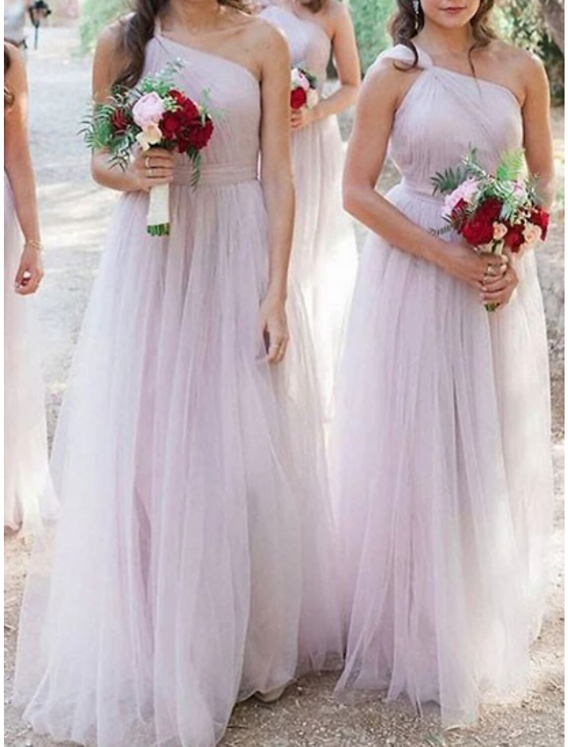 Sheath / Column Bridesmaid Dress One Shoulder Sleeveless Pink Floor Length Tulle with Pleats