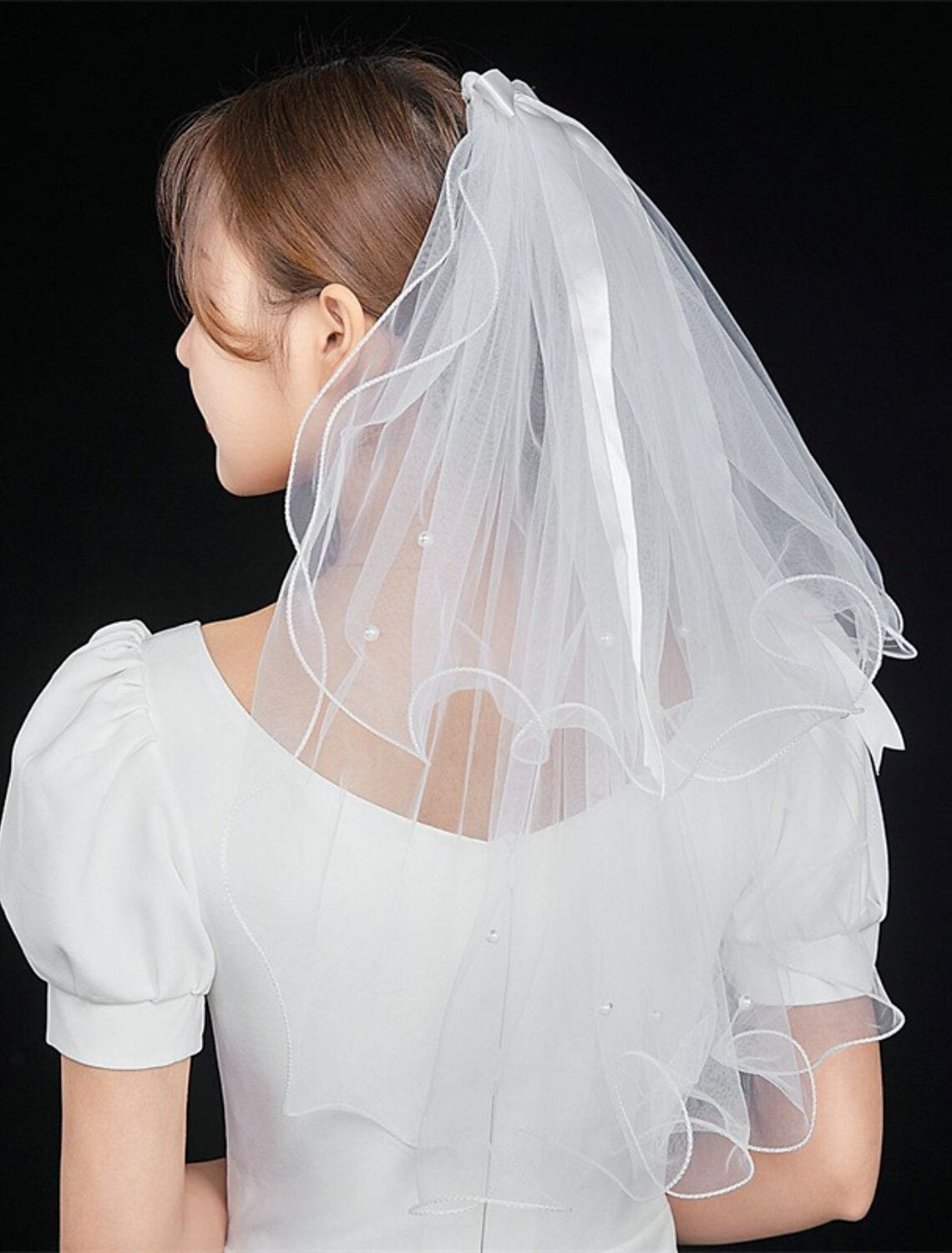 DingJiDress Two-tier Personalized / Pearls Wedding Veil Elbow Veils with Faux Pearl / Satin Bow Tulle