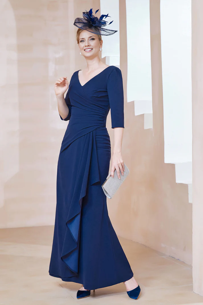 DingJiDress November December Autumn Winter Wedding Guest Dress V-Neck Pleated Ruffles Long Dress Mother of the Groom / Bride Dresses