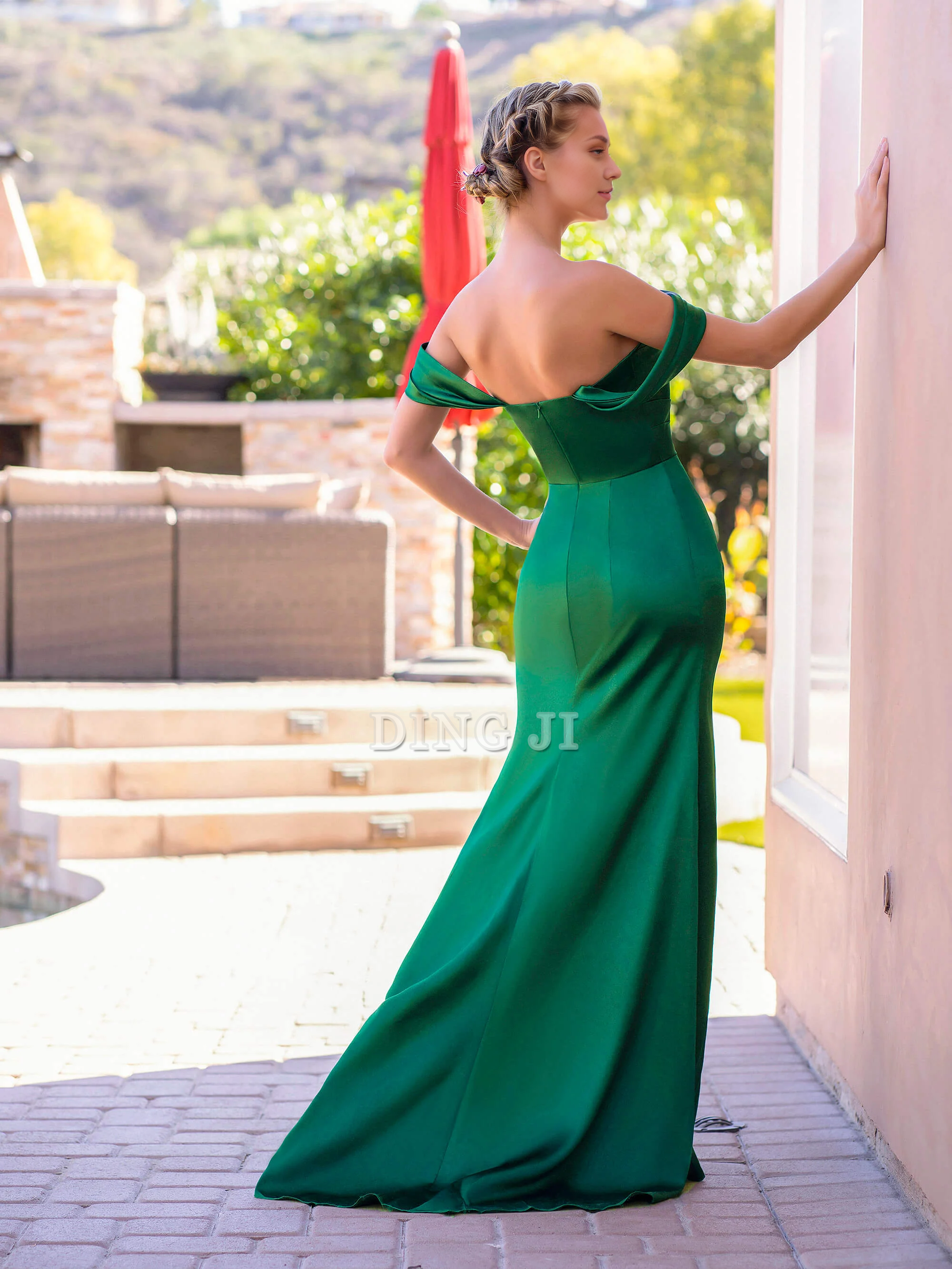 DingJiDress Pleated Evening Dress Mermaid Off-the-Shoulder Side Fork Elegant Fashion Sweep Train Formal Wear Dresses Wedding Guest Dresses