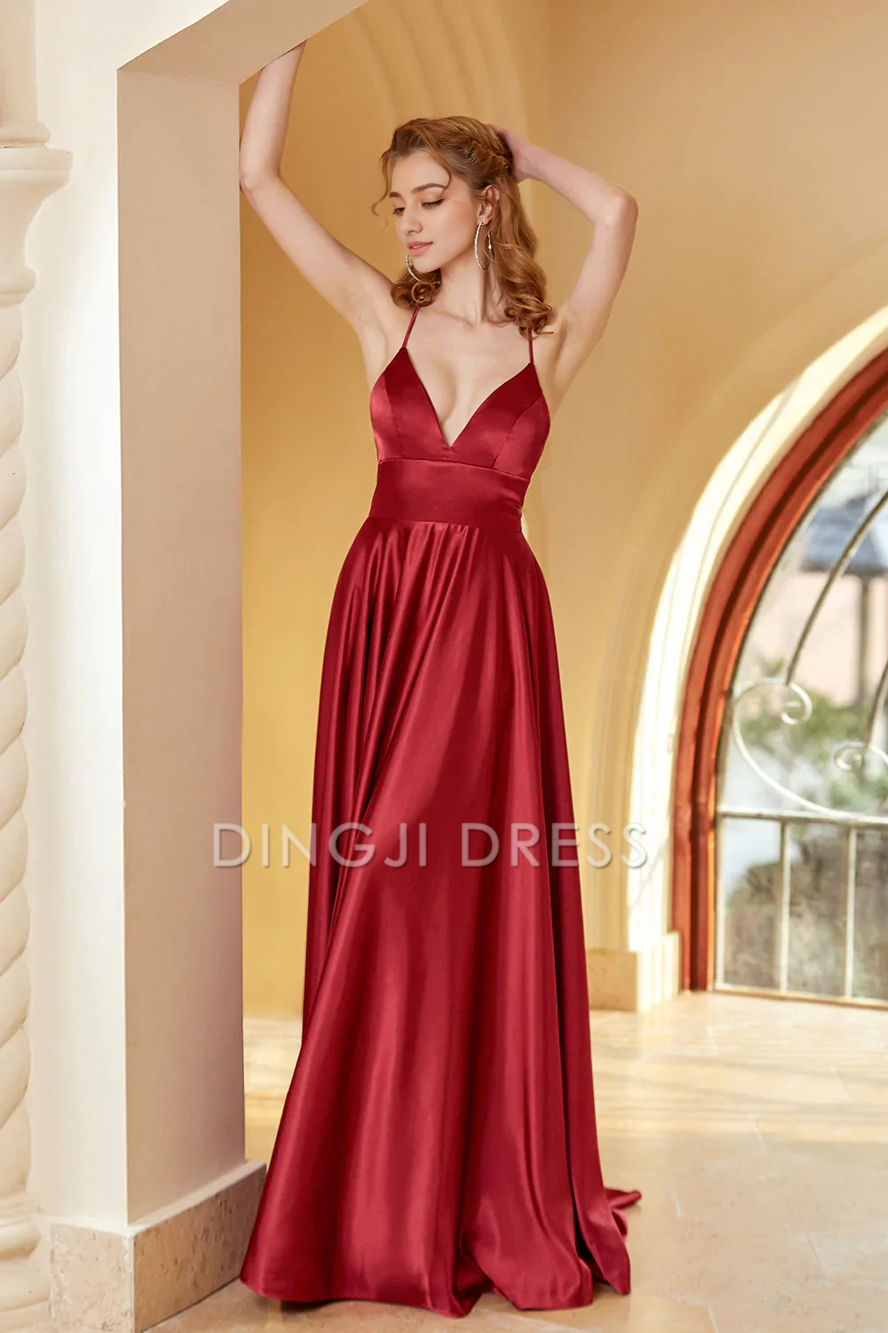 DingJiDress High Quality Dress Elegant A Line V Neck Spaghetti Straps Backless Simple Prom Dress