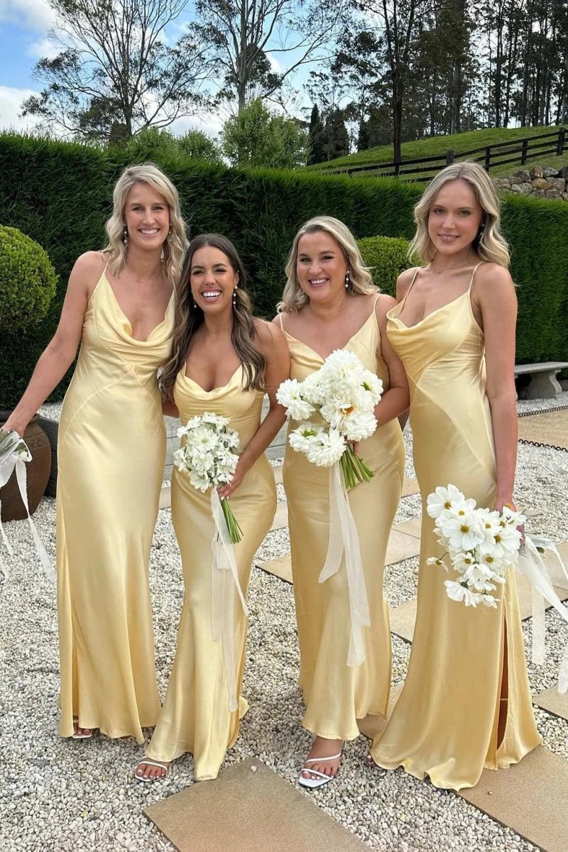 Charming Yellow Sheath Spaghetti Strap Cowl Neck Sleeveless Side Fork Low Cost Floor Length Bridesmaid Dresses