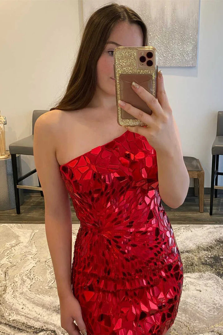 DingJiDress Mini Homecoming Dress One-Shoulder Red Cut Glass Mirror Fitted Graduation Dresses