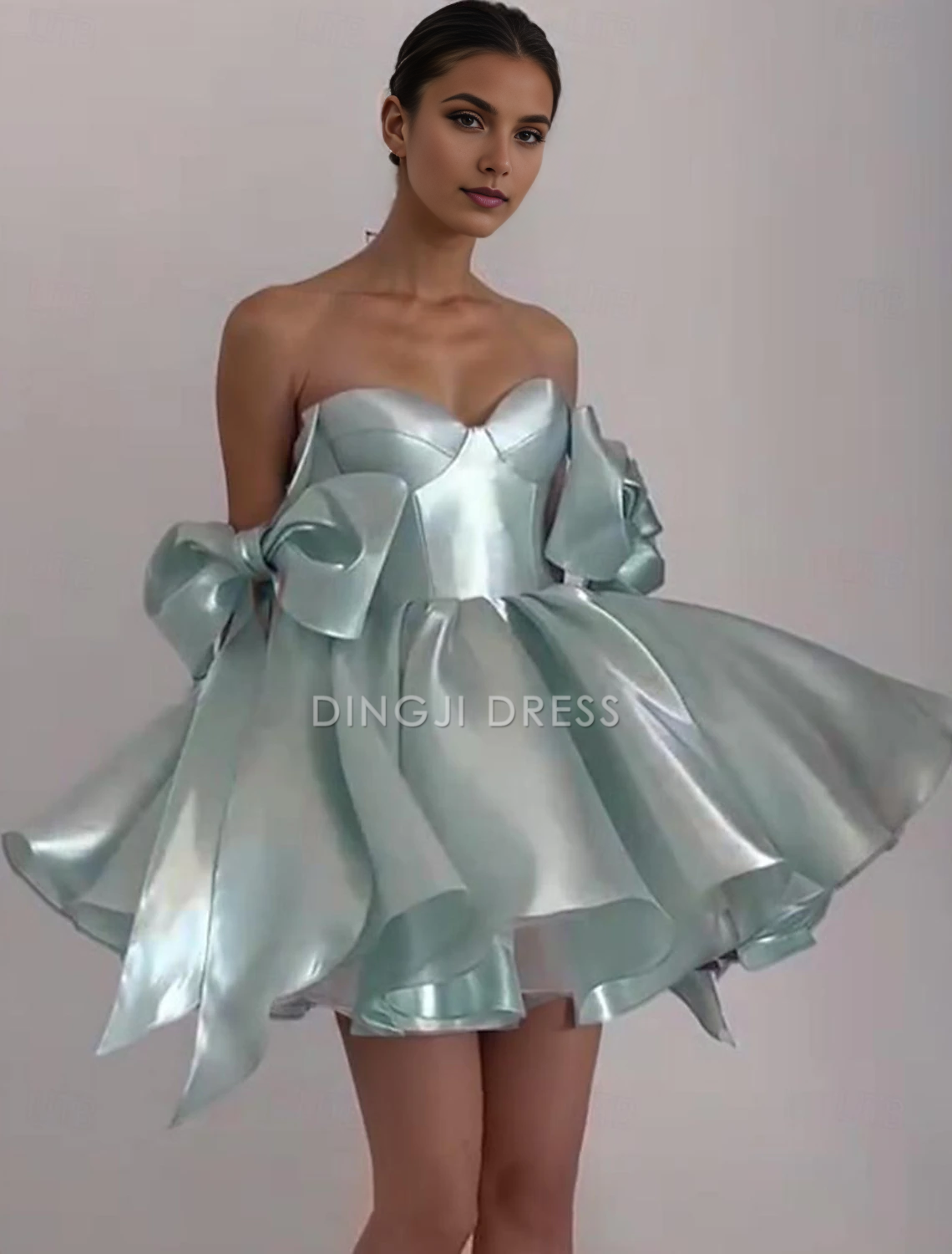 DingJiDress Hot Sale Short Prom Dress A-Line Corsets Dress Holiday Graduation Sleeveless Off Shoulder Satin with Bow(s) Cute New Homecoming Dress