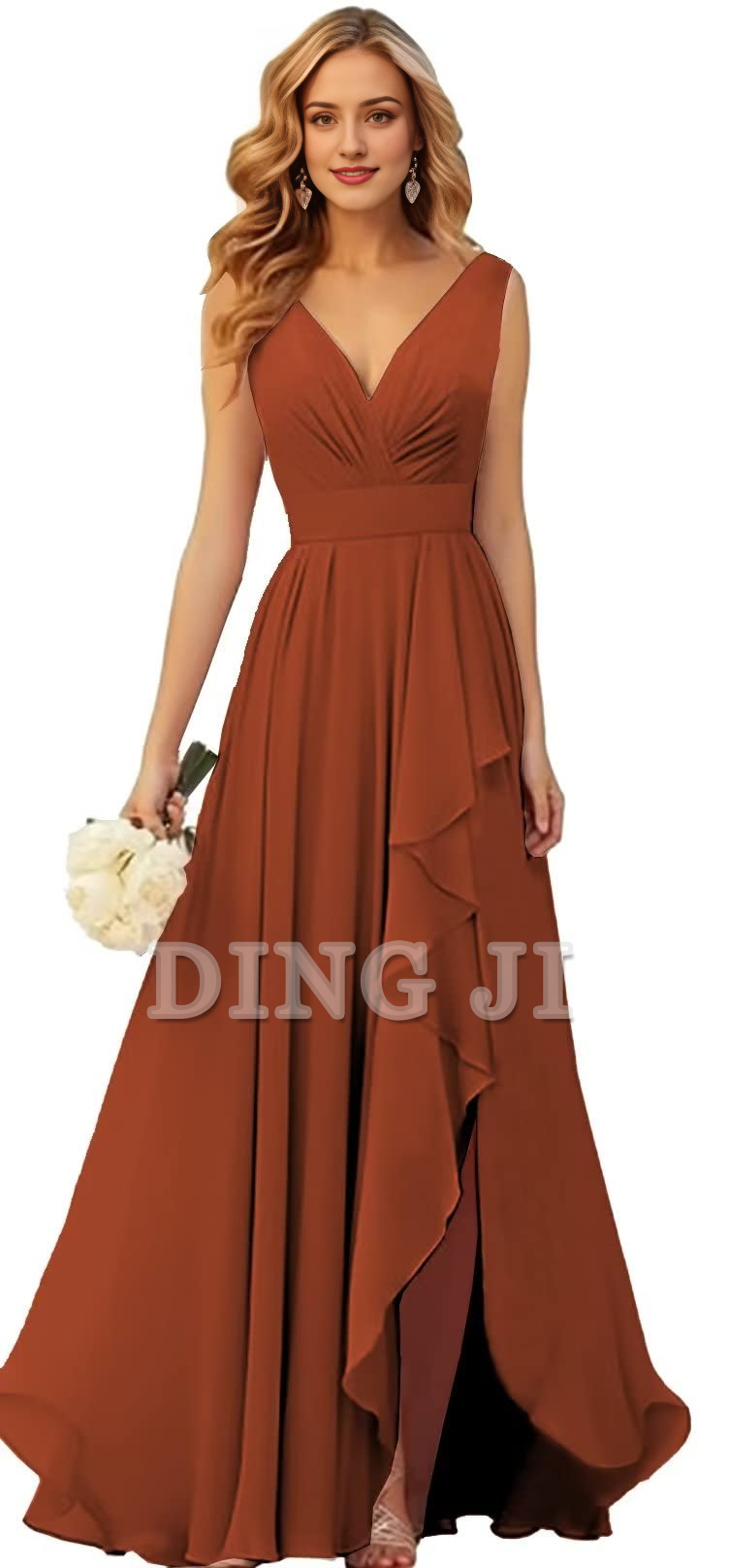 DingJiDress Bridesmaid Dresses Elegant V Neck Chiffon Side Fork Long Formal Wear Dresses
