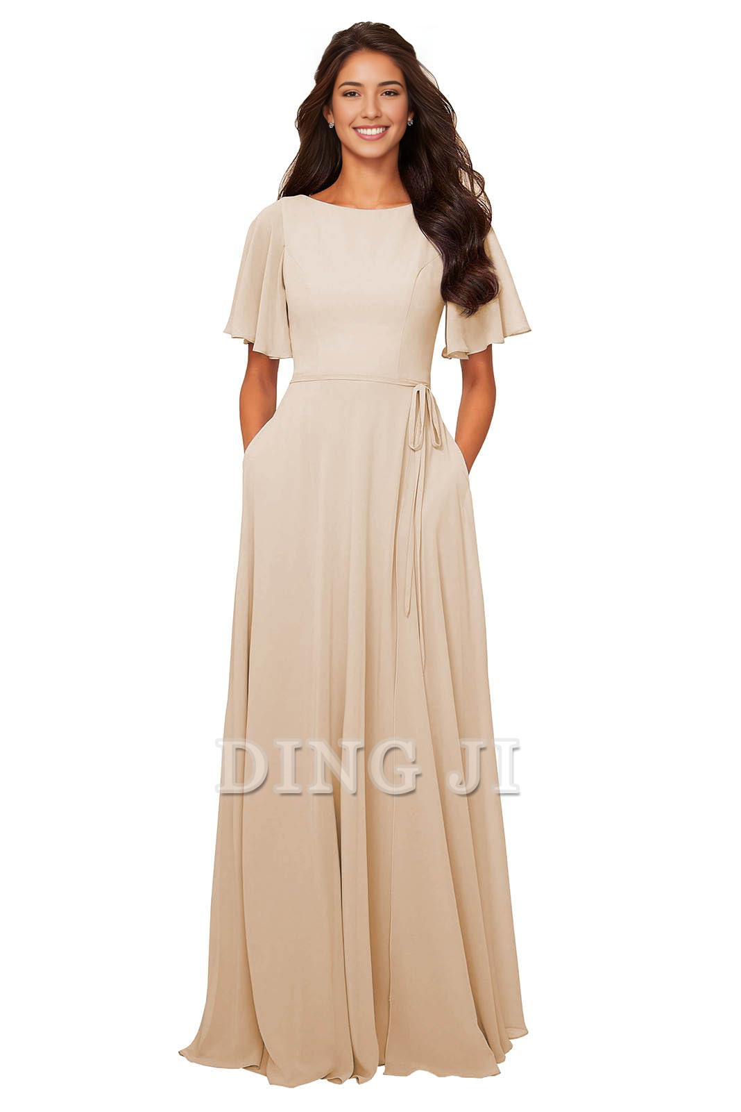 DingJiDress Bridesmaid Dresses Chiffon Modest A Line Bateau Neck Flutter Sleeve Elegant Formal Wear Dresses