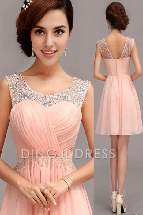DingJiDress Short Prom Dress A-Line Sleeveless Pleated Beadwork Elegant Chiffon Best Selling Homecoming Dress