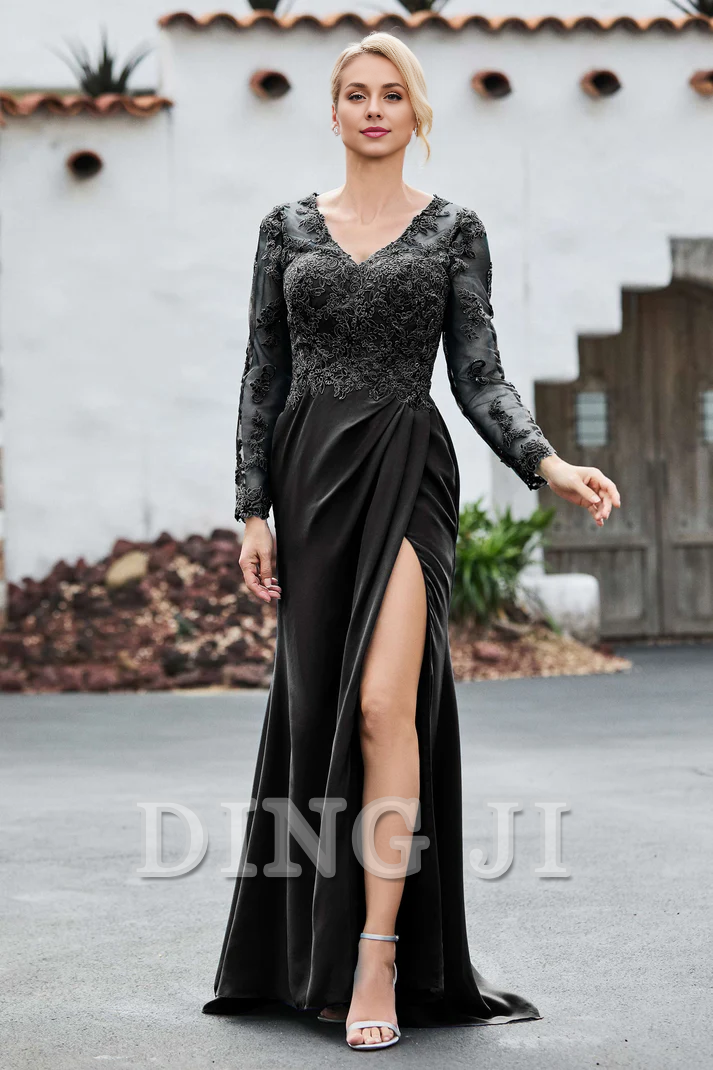 DingJiDress Mother of the Bride Dresses Lace Applique V-neck Long Sleeves High Slit Elegant Dignified Dress Wedding Guests Dresses