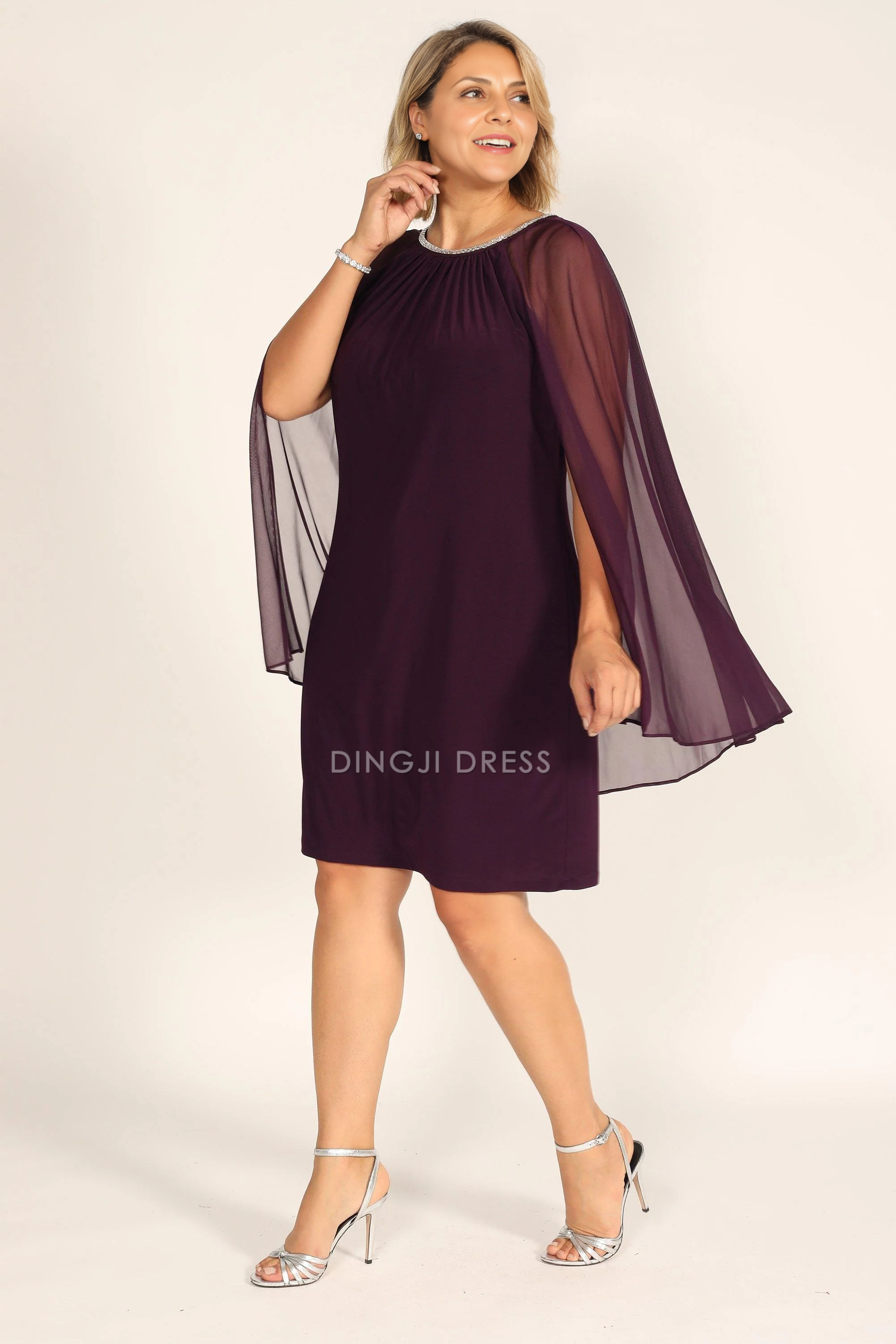 DingJiDress Evening Dress Exquisite Round Neck Short Plus Size Cape Dress Simple Mother Of The Bride Dress