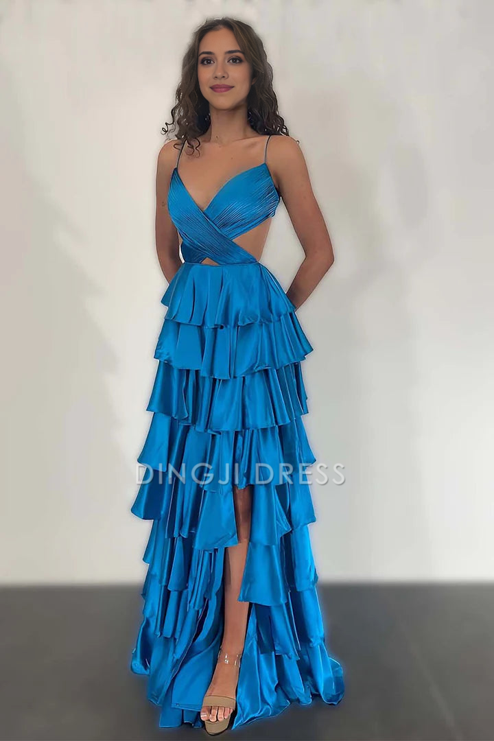 DingJiDress Formal Dress Charming A-Line V-Neck Spaghetti Strap Ruched Tiered Backless Long Party Prom Dress