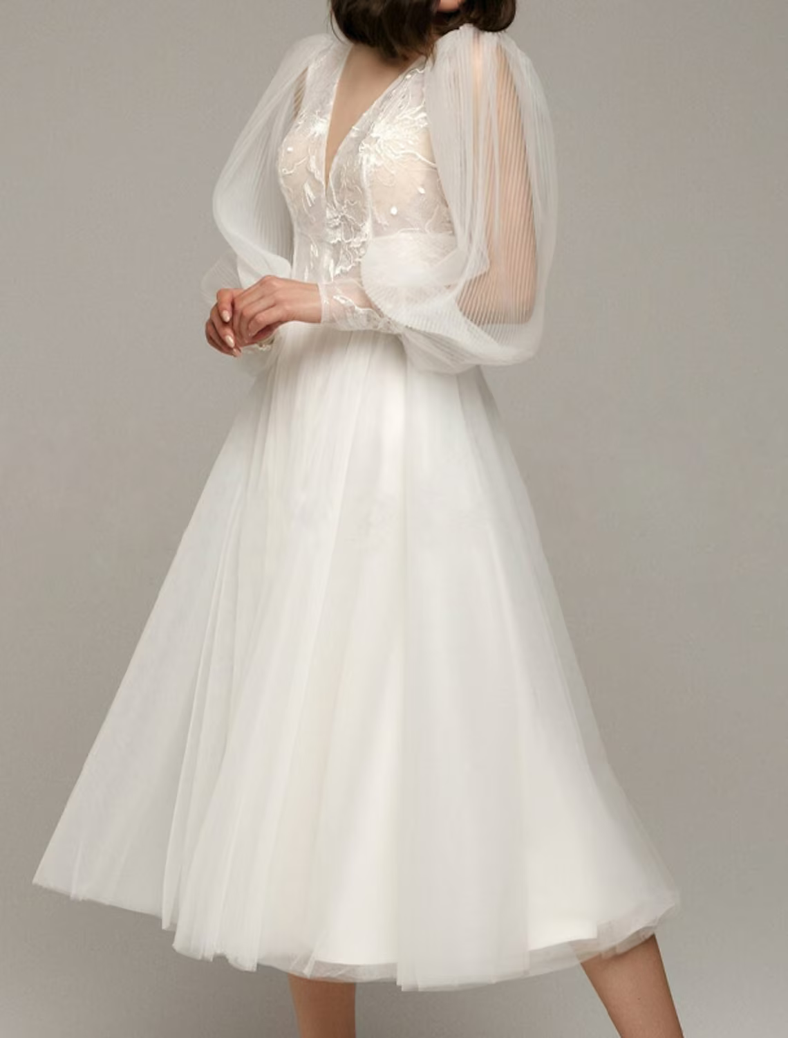 Vintage Little White Dresses Wedding Dresses Tea Length A-Line Long Sleeve V Neck Satin With Applique