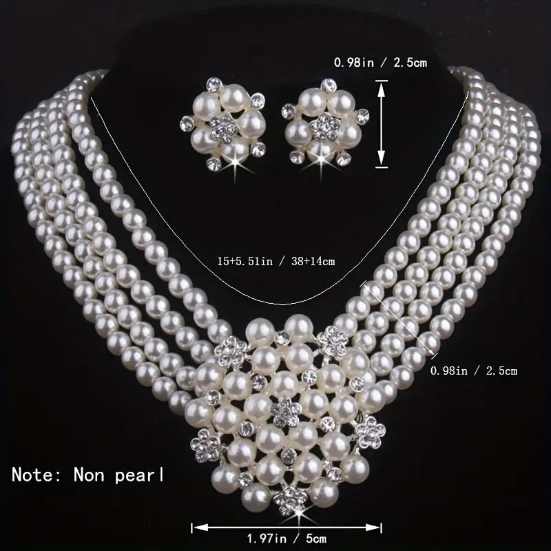 DingJi High end and atmospheric flower necklace with a pair of earrings set in milky white, 4-row bead necklace, wedding banquet, evening party, engagement set chain