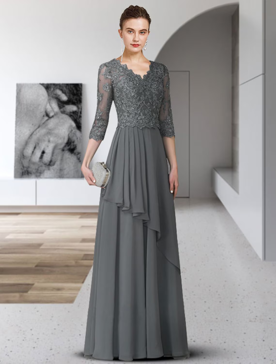 A-Line Mother of the Bride Dress Elegant V Neck Floor Length Chiffon Lace Sleeve with Pleats Appliques