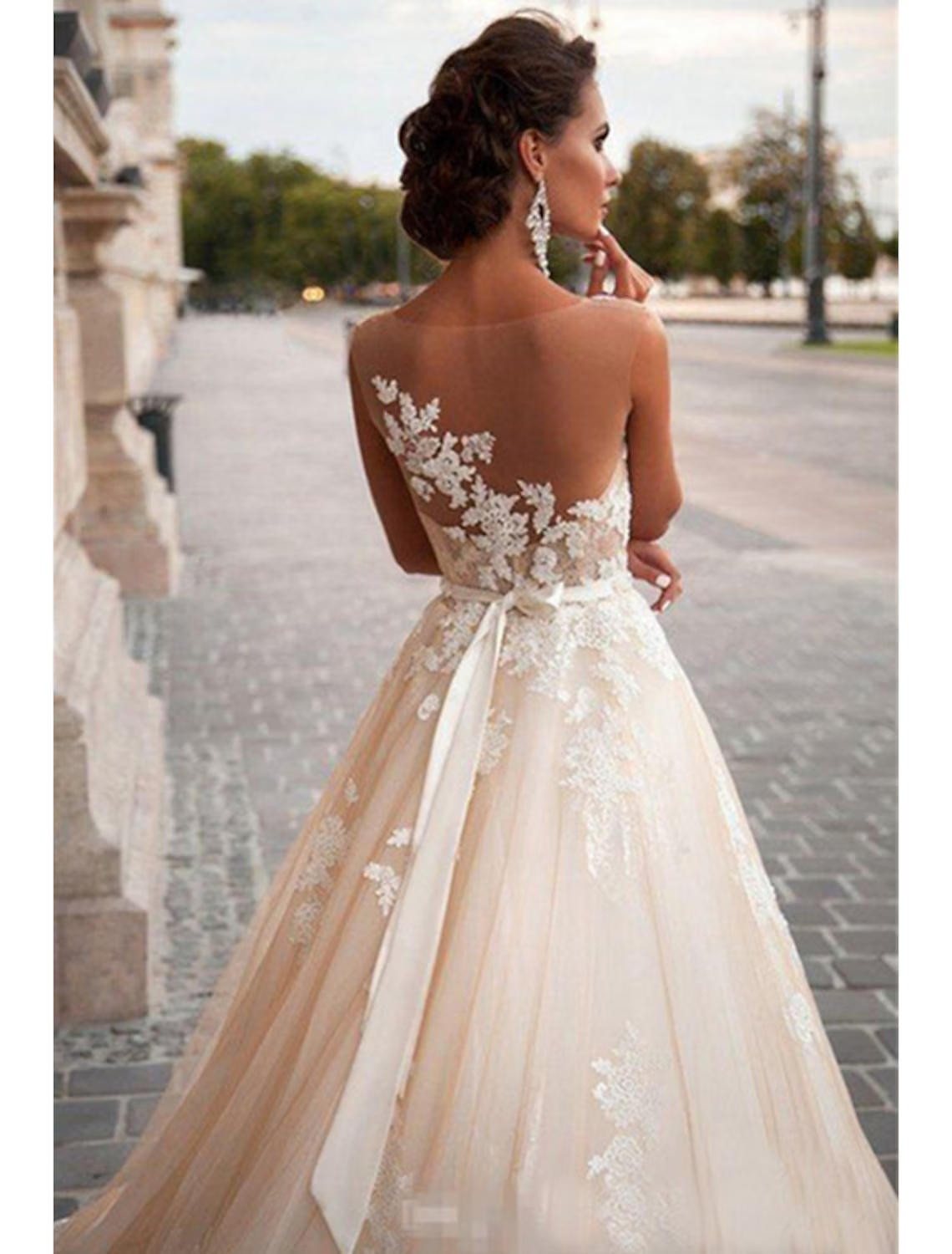 Engagement Open Back Formal Wedding Dresses Court Train A-Line Regular Straps Jewel Neck Satin With Appliques