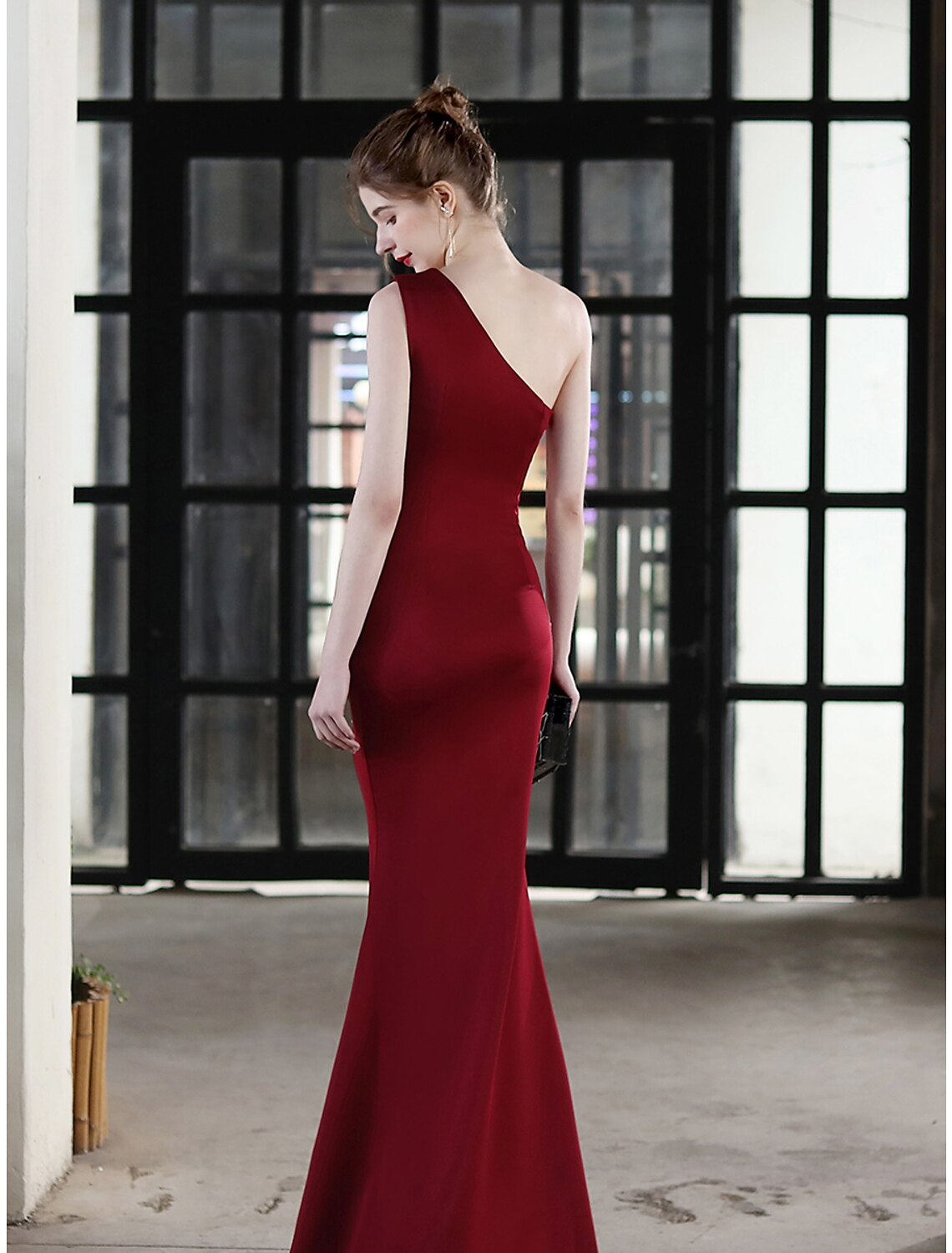 Evening Gown Sexy Dress Wedding Guest Floor Length Sleeveless One Shoulder Stretch Satin with Crystals