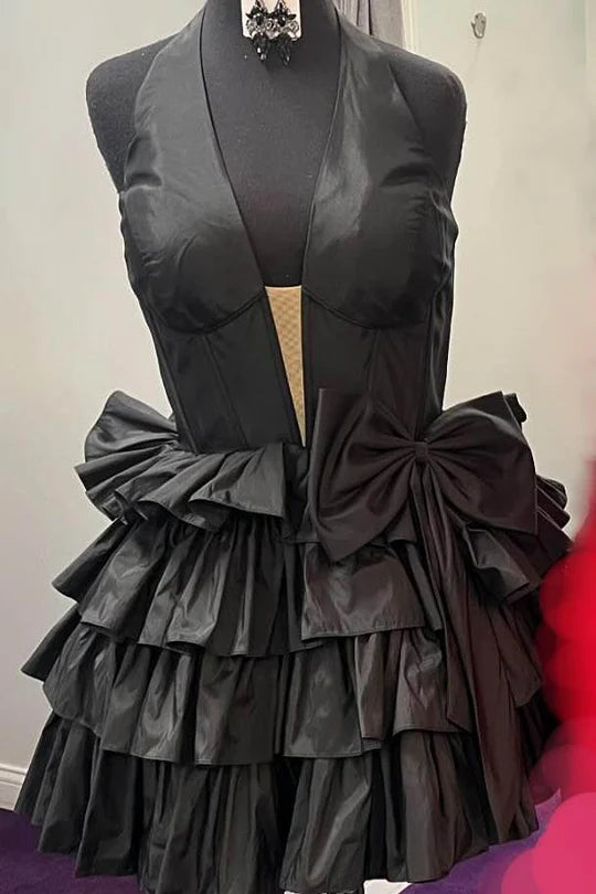 DingJiDress Homecoming Dress Halter Black V- Neck Ruffle Satin with Bow