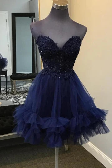 DingJiDress Homecoming Dresses Light Blue Strapless Applique Ruffle Graduation Dresses