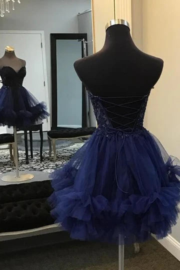 DingJiDress Homecoming Dresses Light Blue Strapless Applique Ruffle Graduation Dresses