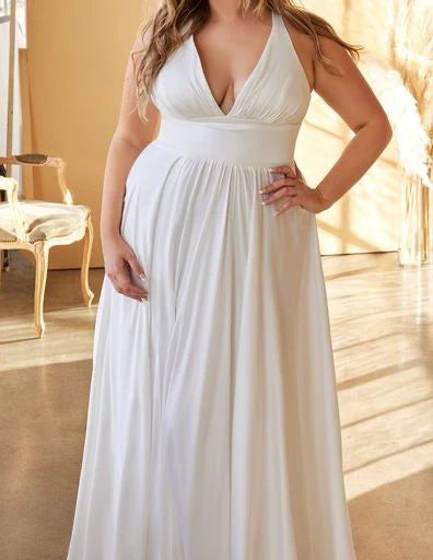 DingJiDress Wedding Dress December Wedding A-line skirt V-neckline Sleeveless Floor length Split Fork Simple Formal Dress