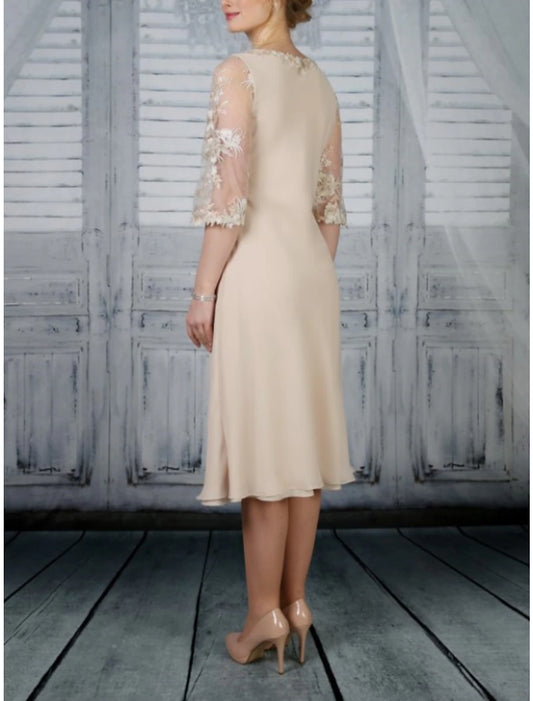Sheath / Column Mother of the Bride Dress Wedding Guest Party Elegant Scoop Neck Tea Length Chiffon Lace Half Sleeve with Ruffles