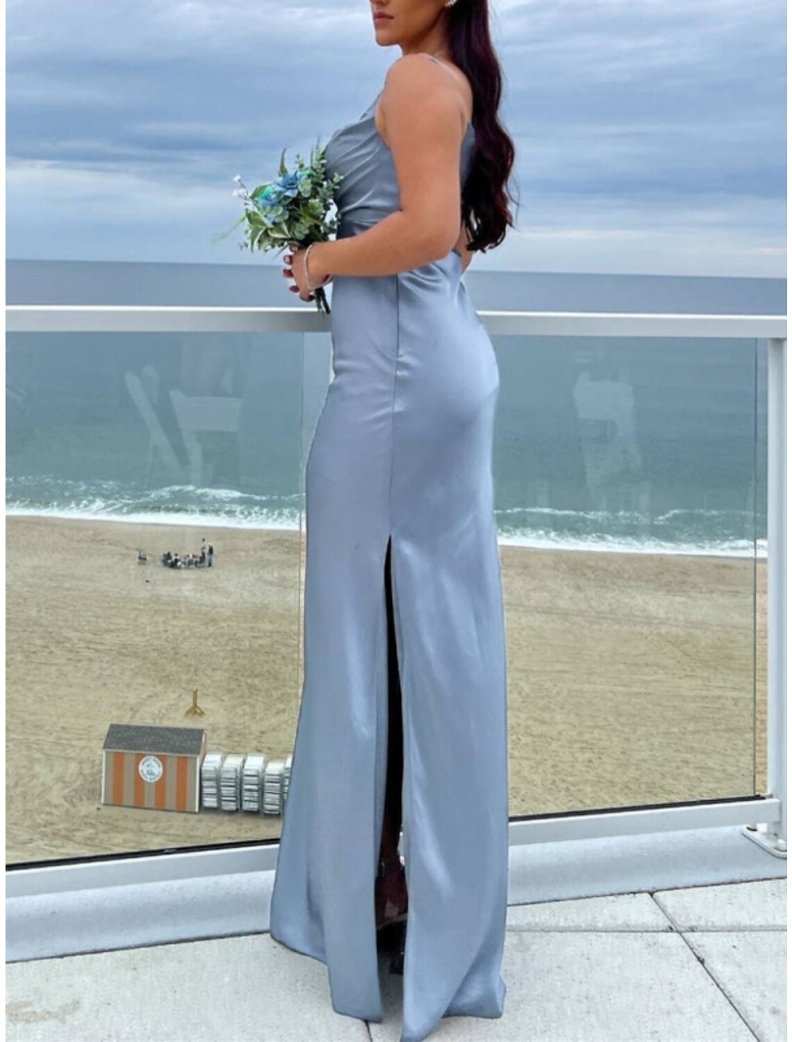 Sheath / Column Bridesmaid Dress Spaghetti Strap Sleeveless Blue Floor Length Charmeuse with Split Front / Ruching