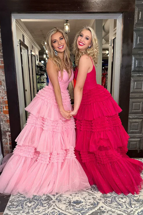 DingJiDress Pink Evening Dress V Neck Tiered Tulle Long Prom Dresses