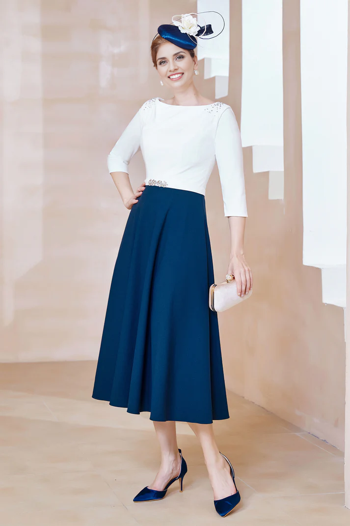 DingJiDress November December Autumn Winter Wedding Guest Dress Rhinestone Scoop Neck Tea-Length Dress Mother of the Groom / Bride Dresses