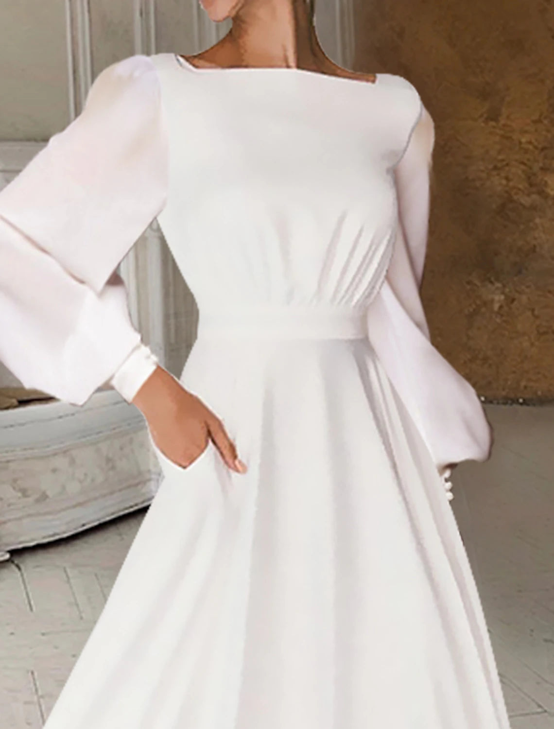 Bridal Shower Little White Dresses Casual Wedding Dresses A-Line Scoop Neck Long Sleeve Ankle Length Chiffon Bridal Gowns