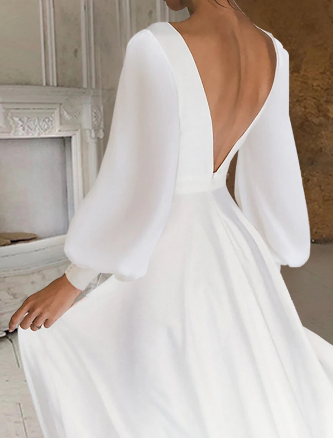 Bridal Shower Little White Dresses Casual Wedding Dresses A-Line Scoop Neck Long Sleeve Ankle Length Chiffon Bridal Gowns