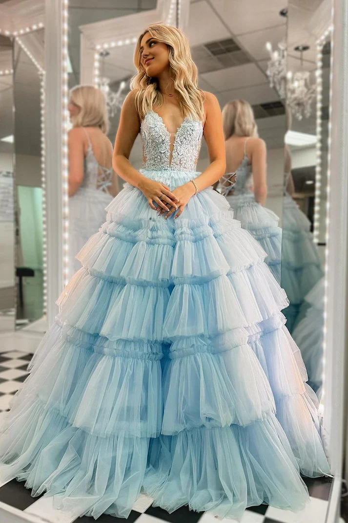 DingJiDress Long Prom Dresses Sky Blue V Neck Ruffle Tiered Tulle Graduation Dresses
