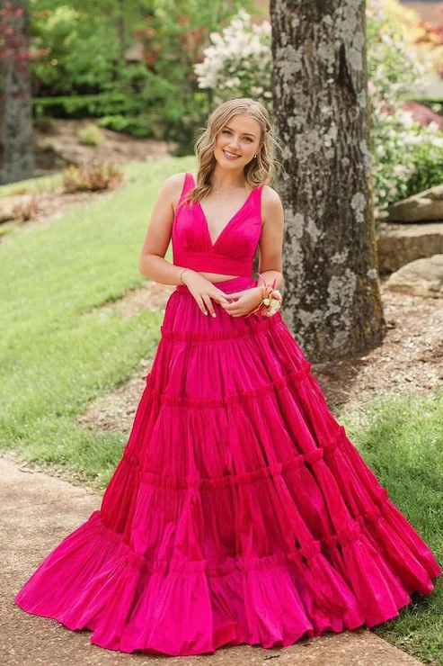 DingJiDress Pink Two Piece Evening Dress V Neck Satin A-Line Prom Dresses