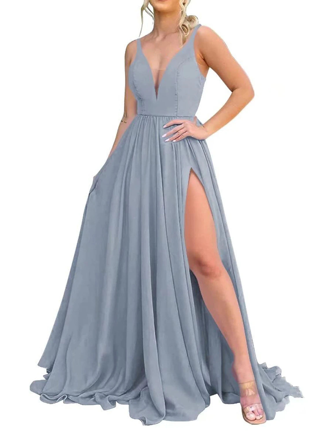 A-Line V Neck Bridesmaid Dresses for Wedding with Slit Chiffon Pleated Long Formal Evening Gowns