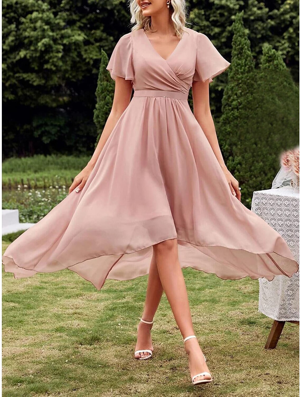 Pleated High Low Bridesmaid Dresses V Neck Short Sleeve Chiffon Formal Dress with Pleats