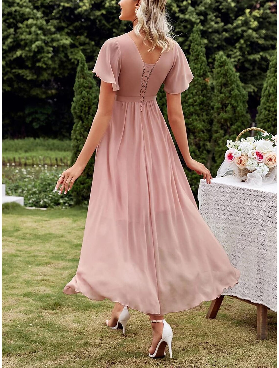 Pleated High Low Bridesmaid Dresses V Neck Short Sleeve Chiffon Formal Dress with Pleats