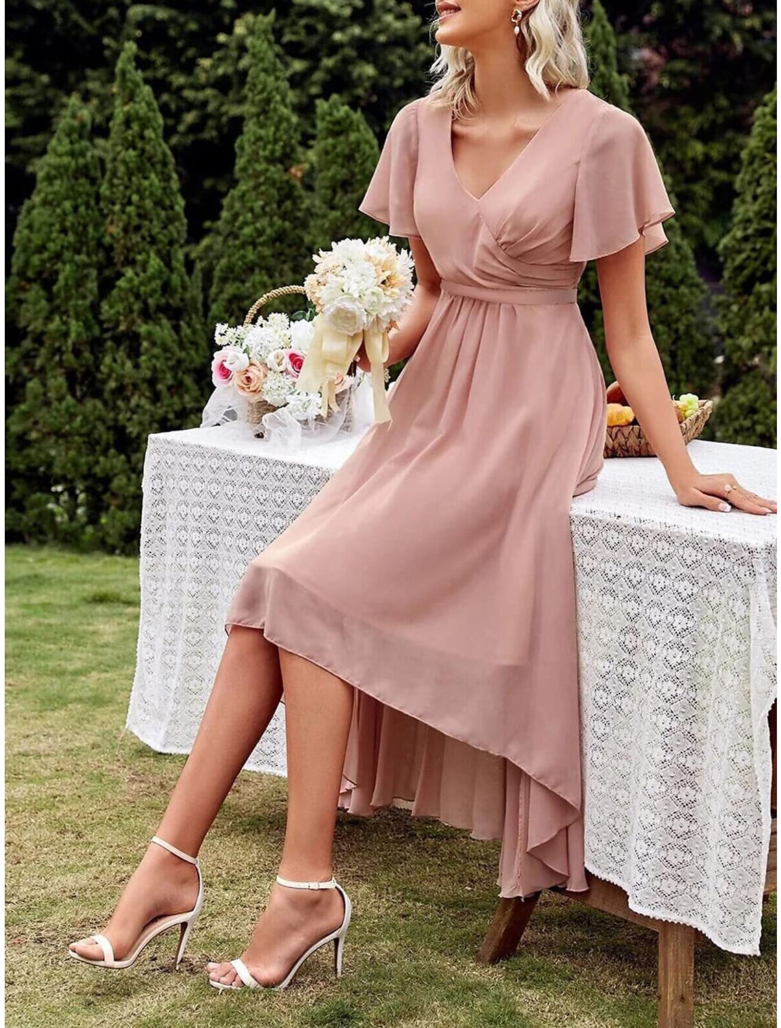 Pleated High Low Bridesmaid Dresses V Neck Short Sleeve Chiffon Formal Dress with Pleats