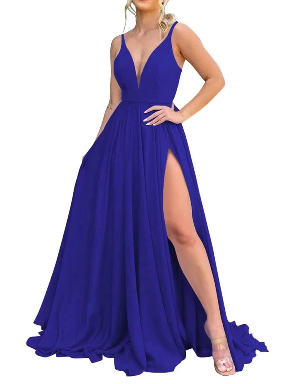 A-Line V Neck Bridesmaid Dresses for Wedding with Slit Chiffon Pleated Long Formal Evening Gowns