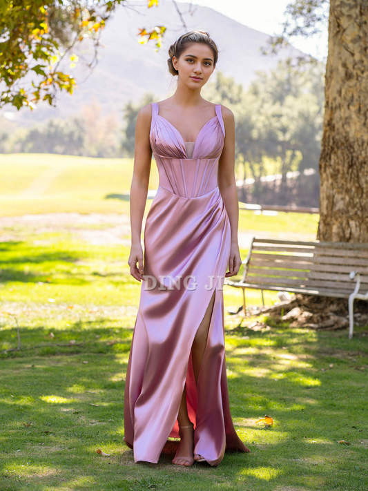 DingJiDress Evening Dress Sheath Pink Pleated V-neck Satin Floor Length Prom Dress Side Fork Exquisite Elegant Formal Wear Dresses Wedding Guest Dresses
