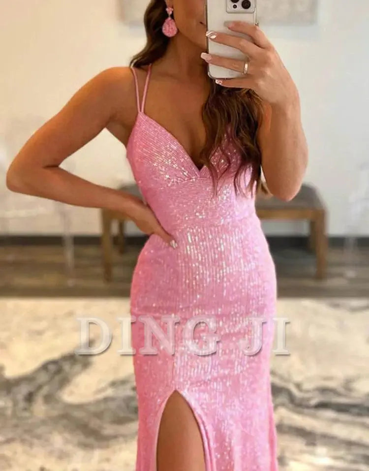 DingJiDress Evening Dress Sparkly Sequins Mermaid Cultivate oneself Long Prom Dress Side Fork Backless Sweep Train Formal Women's Dresses Wedding Guest Dresses