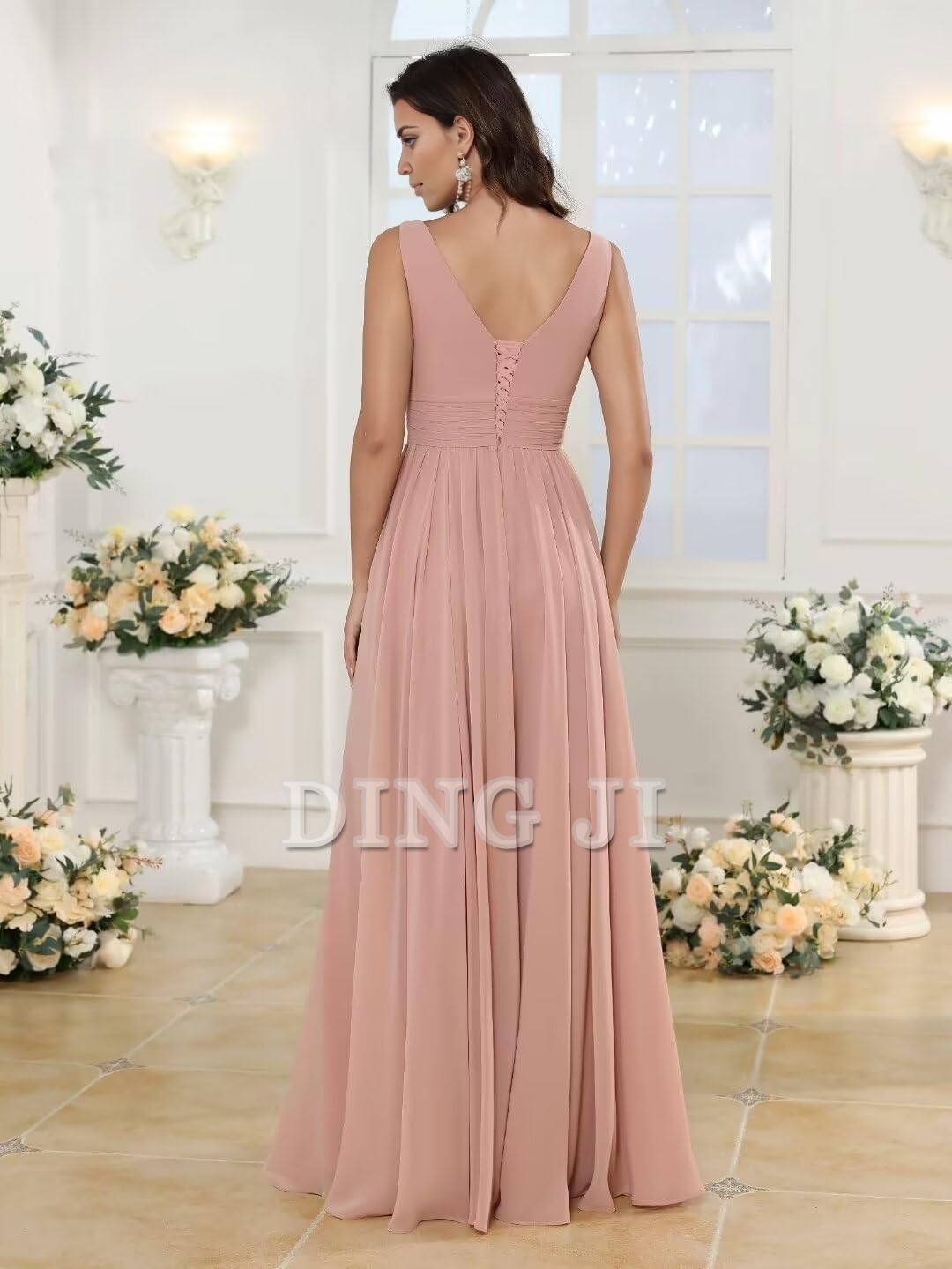 DingJiDress Bridesmaid Dresses A-line V Neck Ruffles Side Fork Long Chiffon Elegant Formal Wear Dresses