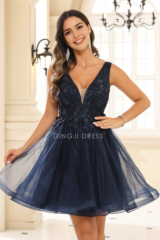 DingJiDress Hot Sale Homecoming Dress Charming A Line Deep V Neck Floral Applique Beaded Ruched Exquisite Mini Dress