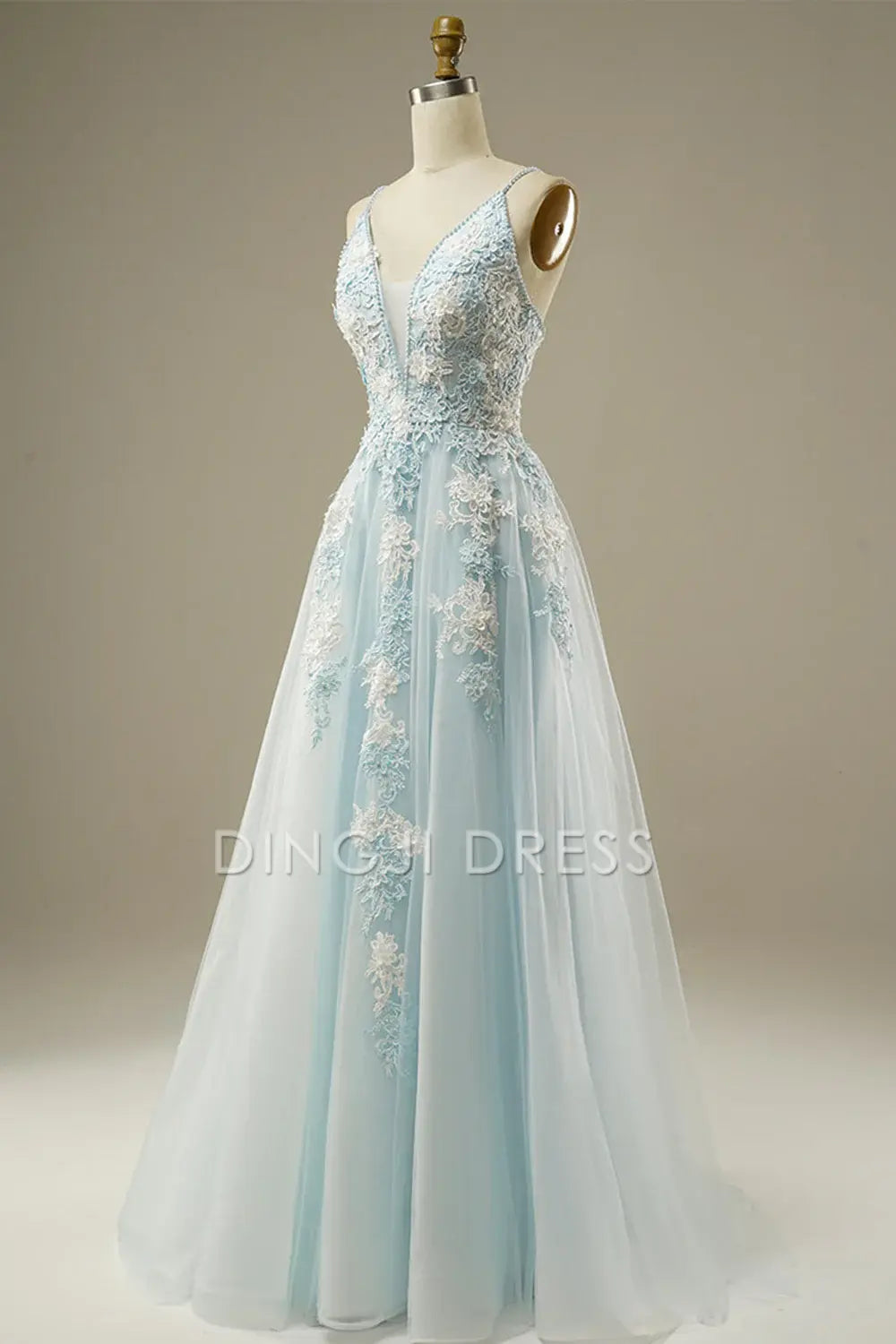 DingJiDress High Quality Dress Luxury A-Line Spaghetti Strap Beading Exquisite Tulle Lace Applique Prom Dress
